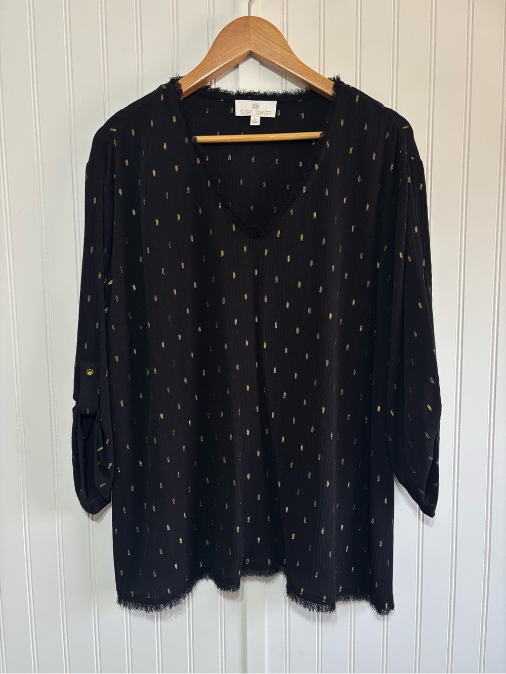 Susan Graver Black Gold Metallic Dot Crinkle Blouse Roll-tab Sleeve Size Large